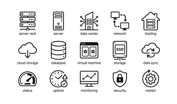 Data center icons: server rack, cloud storage, security monitoring illustrations