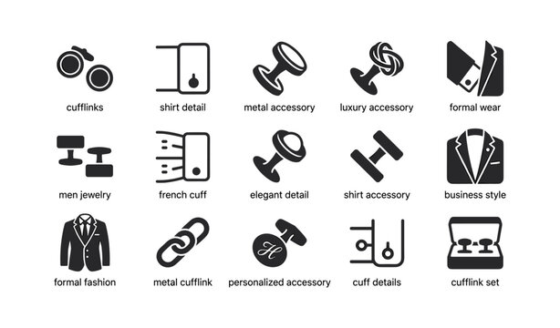 Elegant cufflink collection with shirt and business wear accessories icons
