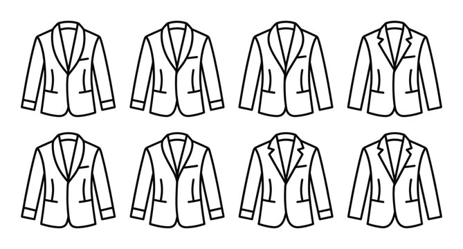 Set of suit jacket line icons featuring various lapel styles like notch peak and shawl for men wear