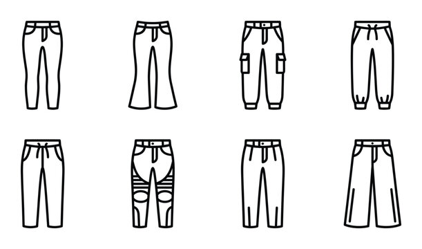 Set of various pants and trousers line icons including jeans cargo sweatpants and wide leg designs