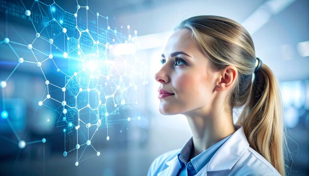 Visionary Scientist Interacting with a Luminous Blue Holographic Network