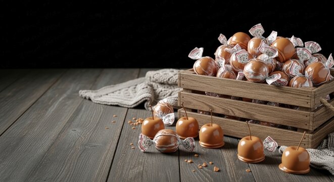 Caramels in wooden crate on table.