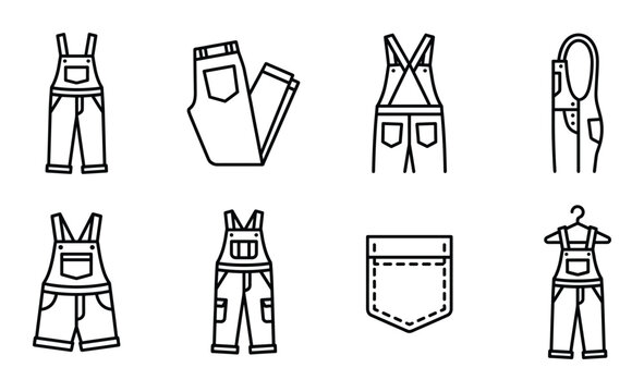 Variety of denim overalls and jeans icons including back views side profiles and hanging garments