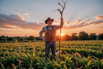 Fototapeta premium Rustic Farmer with Ancient Staff Channels Energy into Verdant Field at Sunset, Impressionist Style