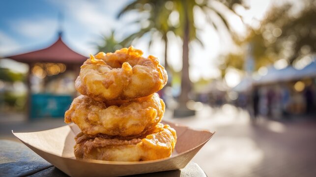 Crispy Fried Onion Rings Stacked on a Paper Plate in Warm Sunlight