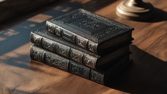 Stack of Ornate Embossed Leather Bound Notebooks on a Wooden Surface