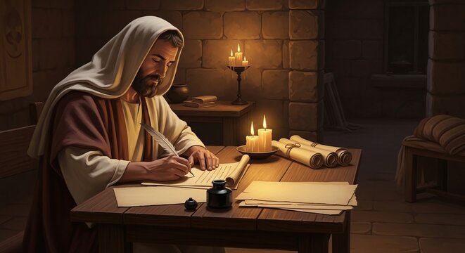 Biblical scribe writing epistles by candlelight