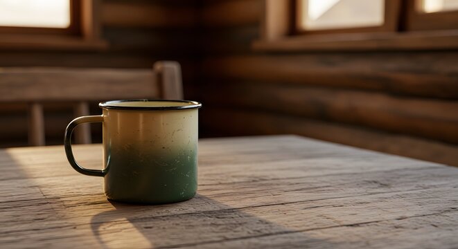 Enameled mug atop a wooden table in a rustic log cabin setting