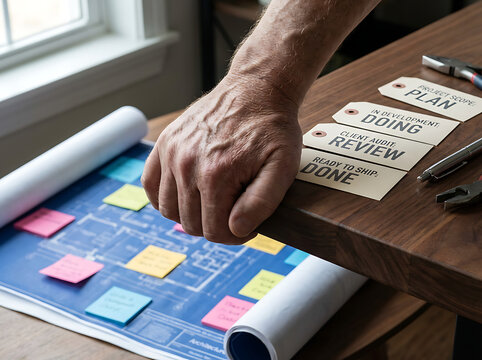 A hand on a desk, next to a blueprint with sticky notes, project task tags, and tools, symbolizing focused planning and efficient project management workflow
