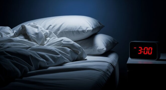A close view of rumpled white bedding and a digital clock glowing in the dark night, suggesting a restless and anxious night of insomnia, deadline, night, light