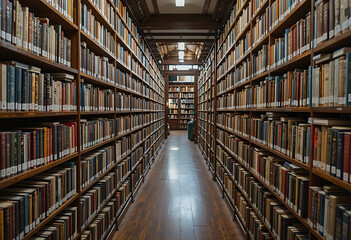 Obraz premium Library aisle with wooden shelves and books bookshelves