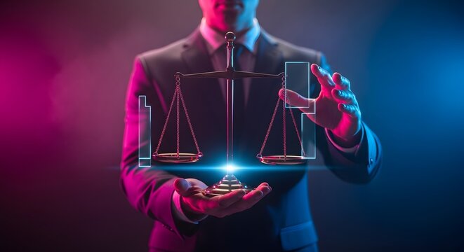 Keadilan Seorang Pria Memegang Timbangan Keadilan Dengan Efek Neon