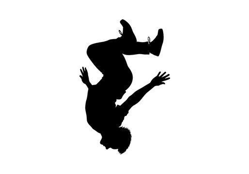 Dynamic black silhouette of a person performing an acrobatic backflip in mid-air
