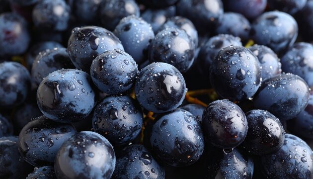 Midnight Blue Grapes Glistening with Dewy Droplets in Macro View