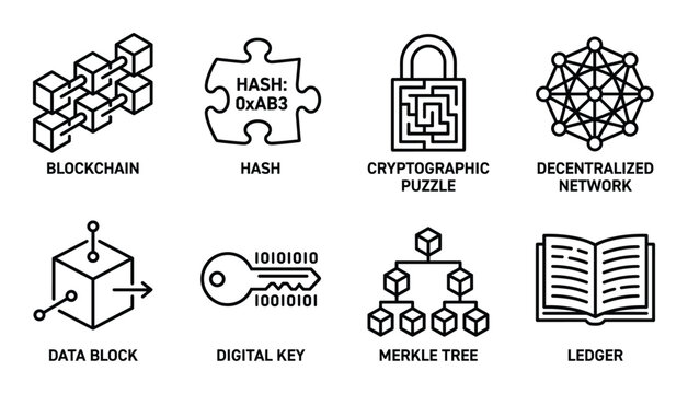 Blockchain technology outline icons set for digital ledger database and decentralized cryptocurrency
