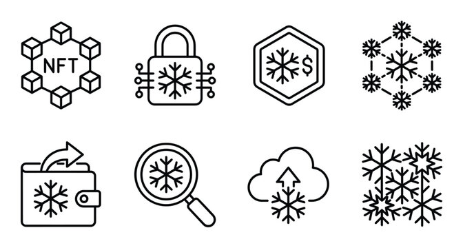Cold storage crypto wallet and snowflake security icons for nft protection and frozen digital asset