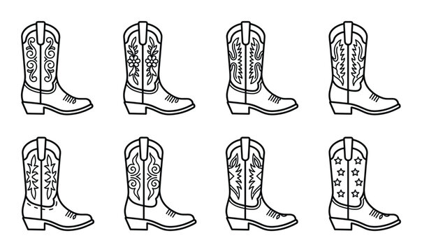 Collection of cowboy boots and western boots outline drawings vector illustrations