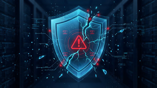 cyber security breach concept with broken glowing neon shield and red warning alert symbols in futuristic digital server room representing data hack and network system failure