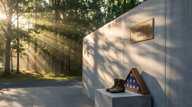 A poignant outdoor memorial site featuring military boots and a draped flag, illuminated by morning sun rays, symbolizing honor and enduring remembrance for valiant service