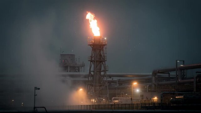 Medium shot of a flare stack burning offprocess gases enveloped in light fog creating a moody atmosphere with diffused flame light and an eerie industrial silhouette.