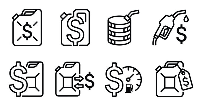Fuel price line icons set of jerrycan with dollar sign, stacked coins and gas pump