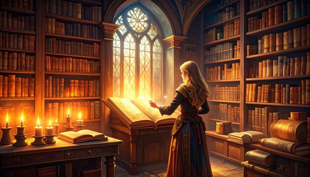 Scholar in a Gothic Library Unveils a Luminous Ancient Tome