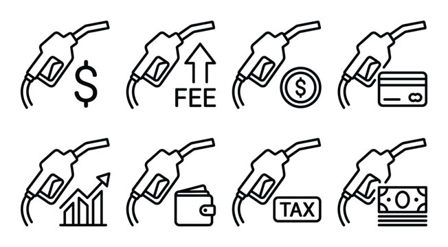 Gas station line icons set of fuel pump with different symbols of money and payment methods