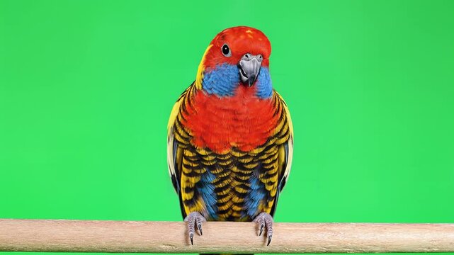 Vibrant Rosella Parrot Perched on a Branch Against a Green Screen Background.