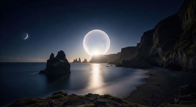 Enormous Full Moon Rising Over a Serene Ocean and Rocky Coastline at Night