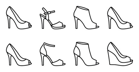 Fototapeta premium Peep toe shoe icons collection vector illustration various high heel styles for elegant women fashion