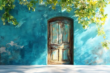 Fototapeta premium Weathered rustic door graces a textured turquoise wall, framed by vibrant leafy branches overhead
