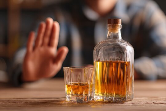 Man refusing whiskey bottle and glass.