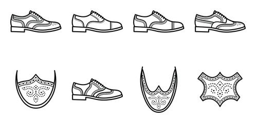 Fototapeta premium Set of various brogues shoes and perforated leather elements, outline design collection