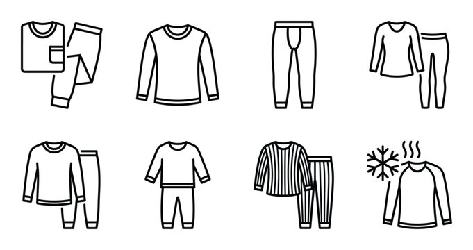 Thermal underwear and base layer clothing icons for cold weather protection and winter sports attire