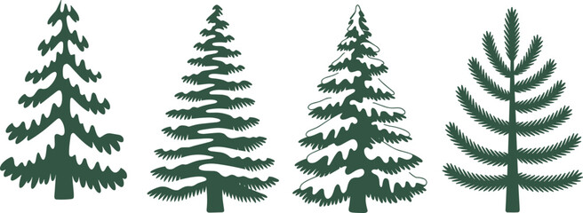 Set of green coniferous pine and spruce trees including snowy winter fir silhouettes for forest landscape design and christmas vector illustration © Shorif