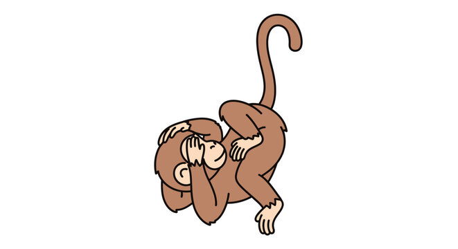 Brown monkey hanging upside down playfully.