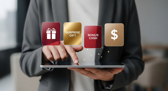 Bonus cash and surprise gift digital icons on tablet, businessman using financial reward app, online loyalty program and incentive marketing concept