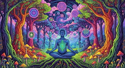 Obraz premium Spiritual meditation with cosmic energy and floating orbs