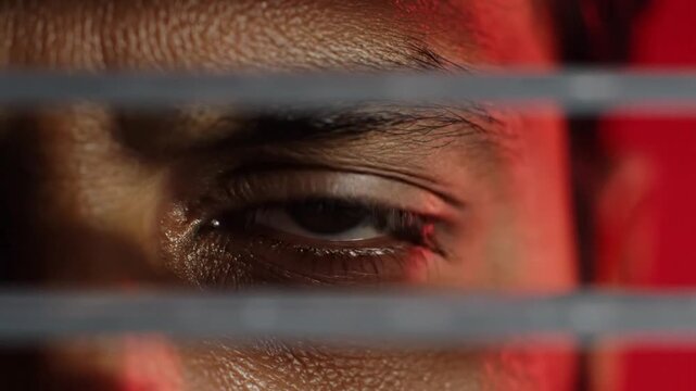 Close up of eye behind bars.