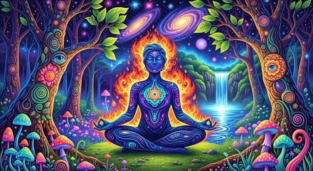 Fototapeta premium Visionary art of meditation in a magical glowing forest