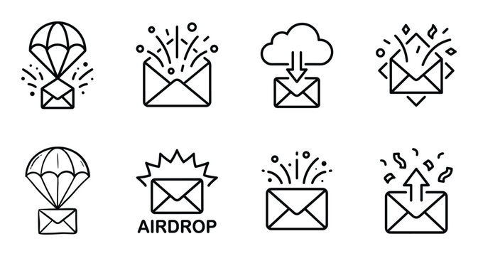 Airdrop and email icons with parachutes clouds and celebratory effects vector set
