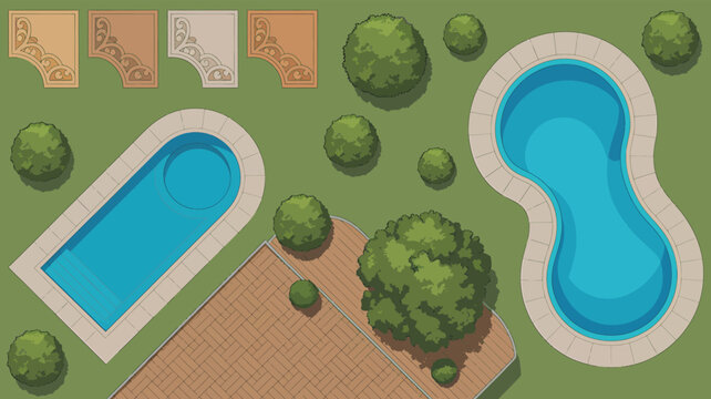 Top View Vector Illustration of Swimming Pools with Landscaping Trees and Paving Floor Tiles