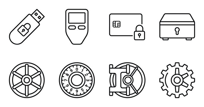 Bank vault and security hardware icons including usb drives credit cards and combination lock dials