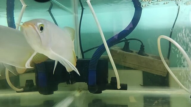 A white angelfish swims gracefully in an aquarium 