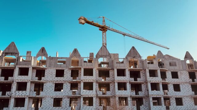Aerated concrete apartment construction under blue sky, tower crane lifting blocks, exposed blockwork facade with triangular.