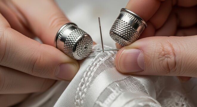 Close-up of thimble protected fingers sewing.