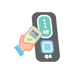 スマホのモバイルICカードでQR対応改札を通るイラスト © mycket