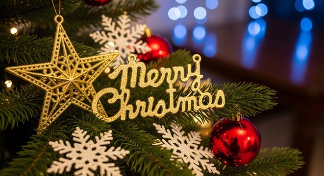 Close-up of a festive christmas tree branch decorated with a golden "merry christmas" sign, star ornament, red baubles, and snowflakes, glowing for chr