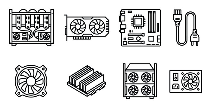 Computer hardware components and cooling solutions outline icons set for technology themes
