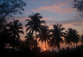 Obraz premium Silhouetted palm trees against tropical sunset with orange sun and pink clouds